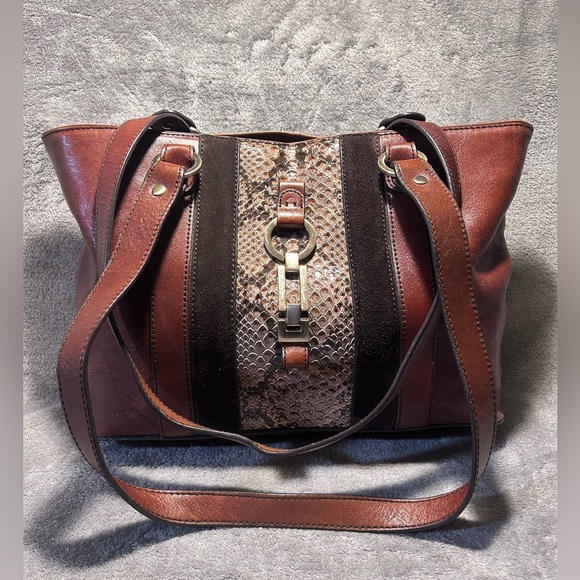 Etienne Aigner Handbags - Etienne Aigner Cognac, Suede and Snakeskin Leather Tote w/ Silver Hardware